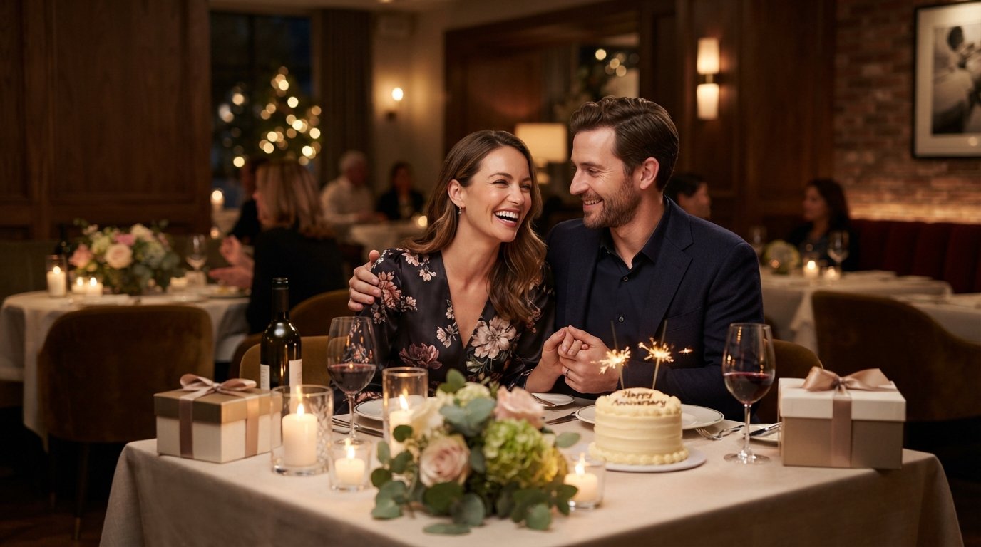 Couple celebrating their anniversary with a cake, flowers, candles, and gifts