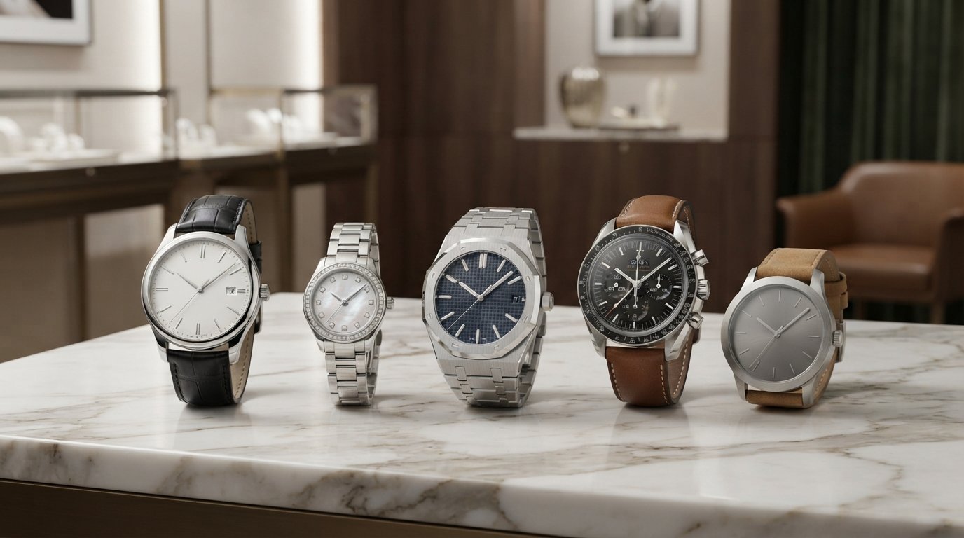 Luxury designer watches for women and men displayed in an elegant setting