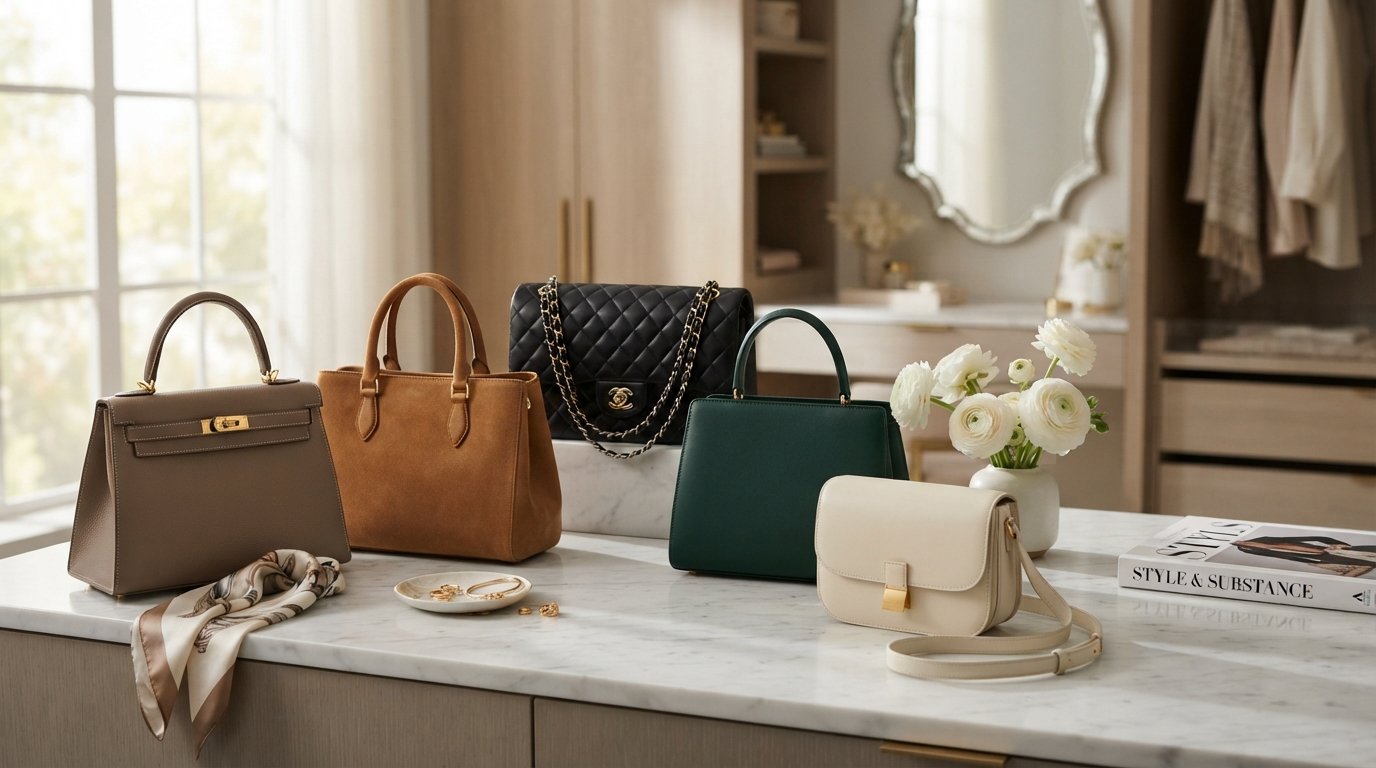 Collection of elegant luxury handbags displayed in a sophisticated fashion setting
