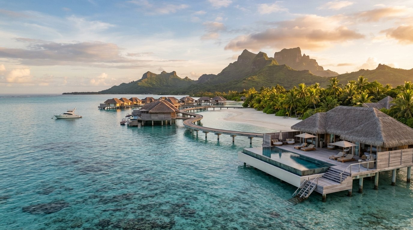 Luxury overwater resort with turquoise water, private villas, and tropical scenery