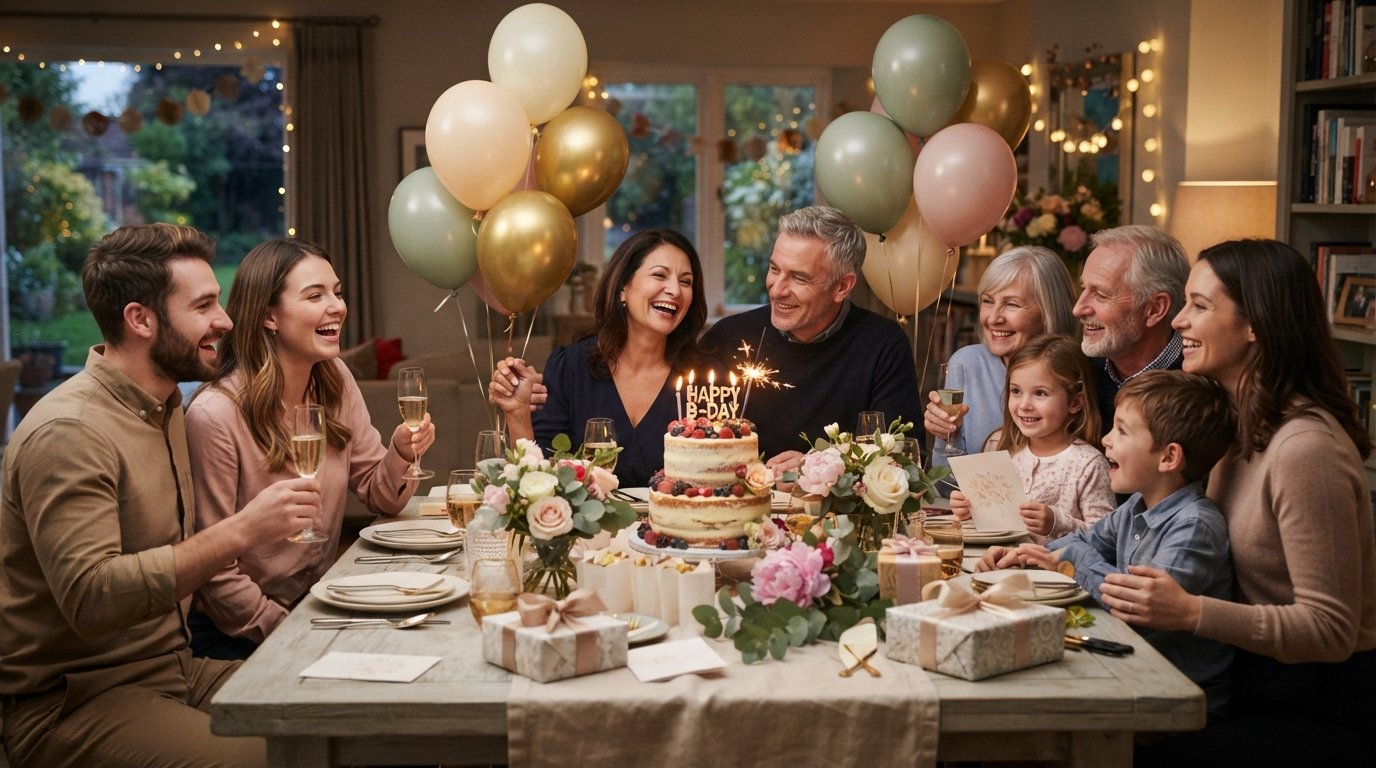 Family and friends celebrating a birthday together with cake, candles, gifts, and balloons