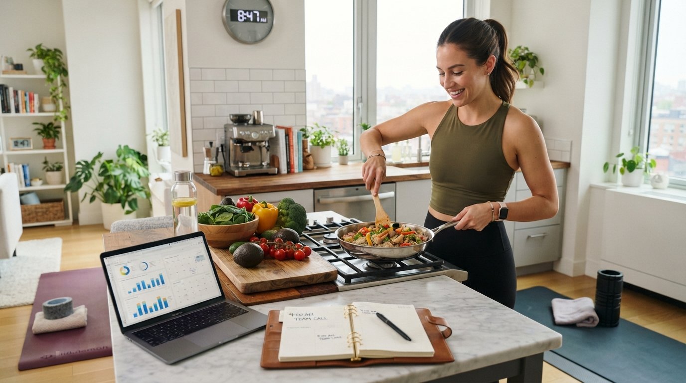 Busy professional preparing a healthy meal and exercising at home