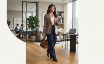 Business casual clothes for women in 2026 featuring tailored trousers, a blouse, blazer, loafers, and a structured handbag