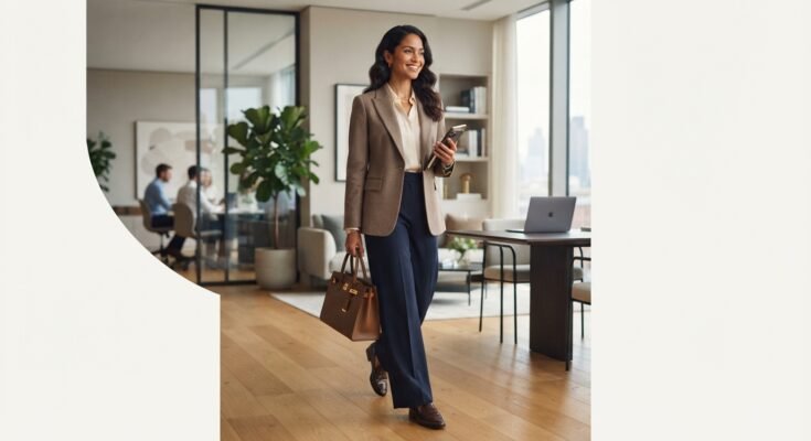 Business casual clothes for women in 2026 featuring tailored trousers, a blouse, blazer, loafers, and a structured handbag